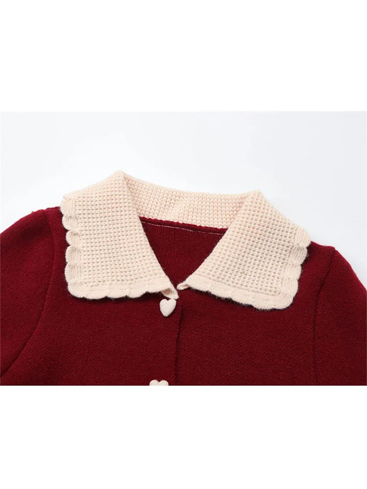 Primavera nuevo cárdigan rojo suéteres para mujer suelto cuello Peter Pan elegante coreano de un solo pecho cárdigans de punto para mujer abrigo Top