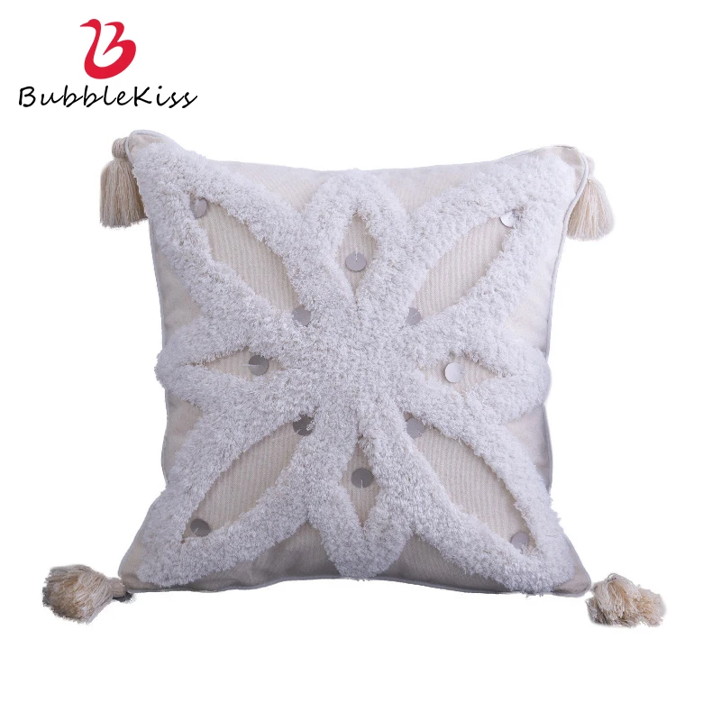 

Bubble Kiss Tufted Pillow Cover Bohemian Style Cotton Pillowcase Without Core Fashion Tassel Decoration Home Lumbar Pillowslip