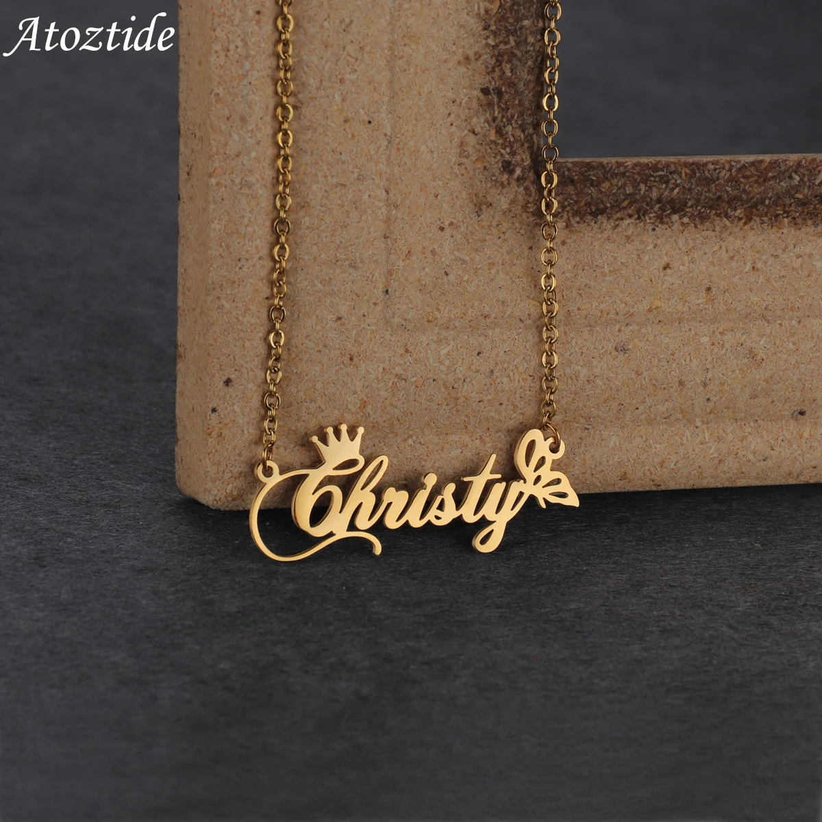 Atoztide Custom Name Necklace Letter Charm Crown Butterfly Stainless Steel Nameplate Pendants Necklaces for Women Jewelry Gift