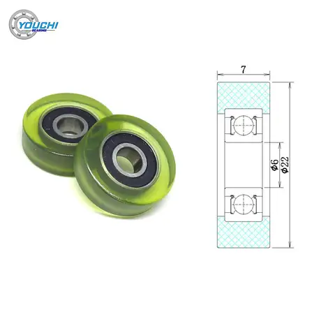 10pcs 6x22x7 mm PU Coated Roller With 696RS Bearing PU69622-7 OD 22 mm Polyurethane Soft Rubber Mute Pulleys