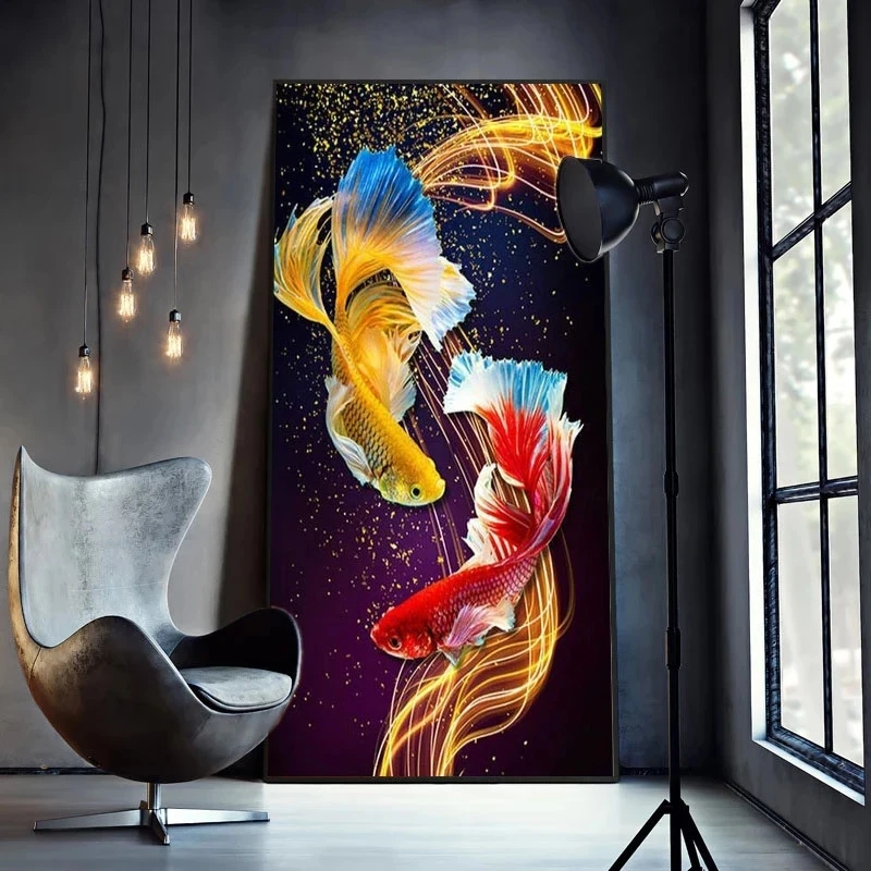 Koi Fish Feng Shui Carp Lotus Pond Abstract Canvas Painting Poster and Print Wall Art Picture for Living Room Home Decor Cuadros