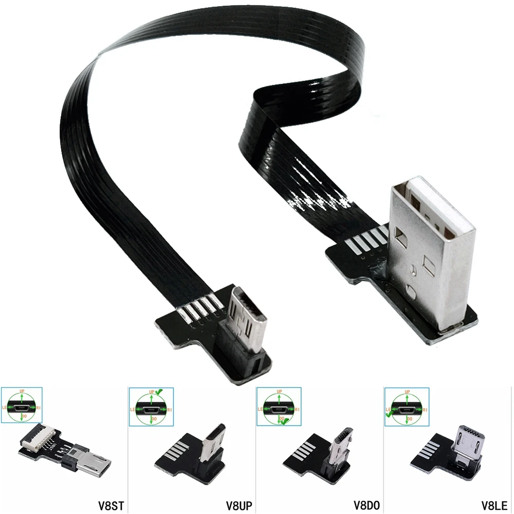 Cable conector de carga de datos, conector USB Micro USB macho a USB macho de 90 grados, superplano, flexible, arriba, abajo, izquierda y derecha, FPC 1M