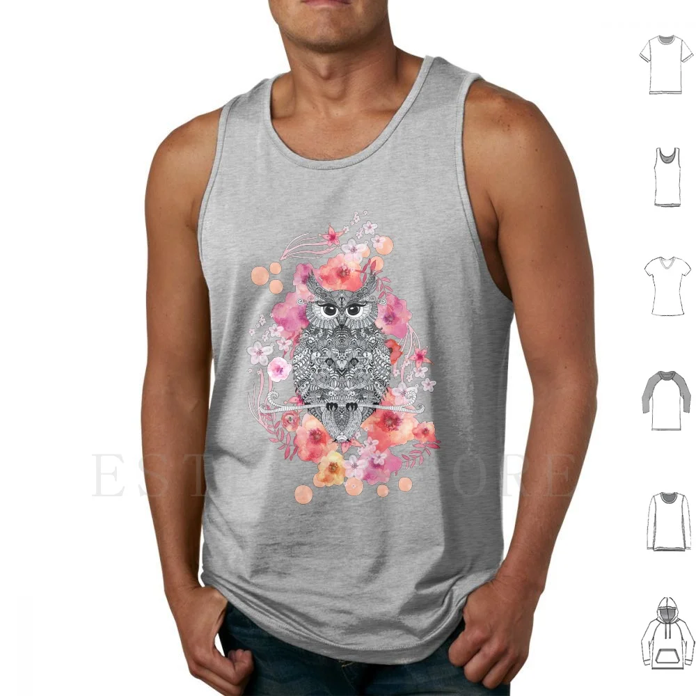 Owl & Flowers Tank Tops Vest Cotton Owl Flower Watercolor Rose Pastel Pink Orange Apricot White Felttip Zentangle Doodle