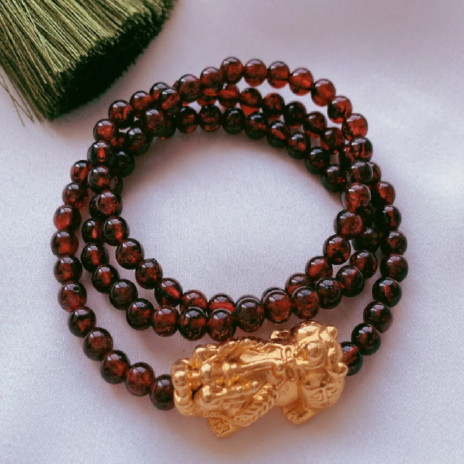 

6mm Natural Garnet beads Gemstone bracelet 18KGP 18 inches pray Reiki Fancy Chakas Lucky Bless Meditation Handmade MONK Tassel