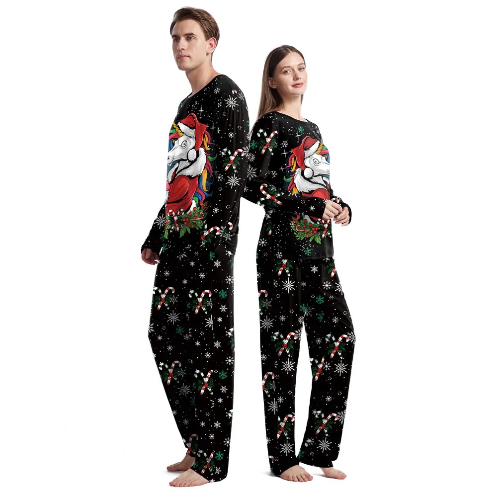 FCCEXIO Christmas Unicorn 3D Print Women Men Pajamas Set Long Sleeve Round Neck Pajamas and Trousers Home Wear Xmas Party Sets