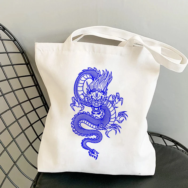 Dragão estilo chinês impressão tote saco de compras harajuku unisex casual bolsa shopper bolsas de ombro bolsa de lona feminina