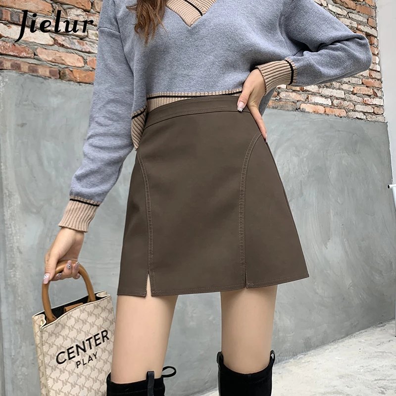 Jielur Casual Korean Style Khaki Mini spódniczka A-line Lady Office beżowa spódnica 2021 jesienno-zimowa urocza czarna spódnica z zamkiem błyskawicznym S-XL