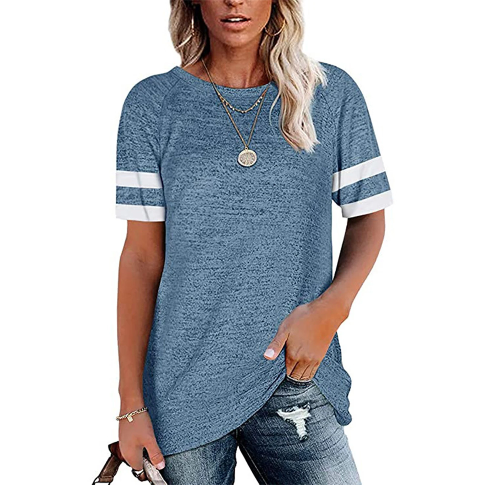 Women's Casual Loose Shirt Round Neck Color Block Waist Top Striped Sleeve T-shirt Blouse Striped Blouse Round Neck Top