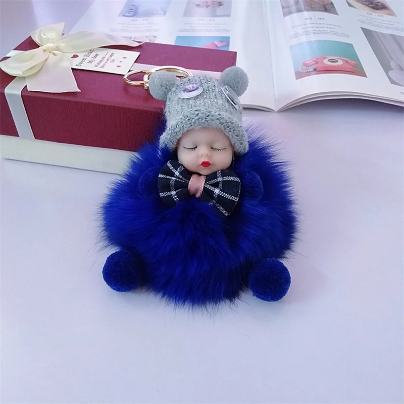 New Cute Mini Sleeping Doll Key Chain Female Bag Toy Key Ring Fluffy Pompom Artificial Plush Key Chain Female Bag Pendant