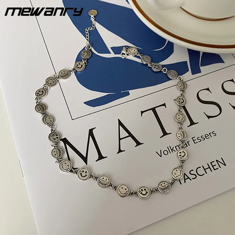 Mewanry Spring New Silver Color Smile Face Clavicle Chain Sweater Necklace Vintage Punk Birthday Party Jewelry Gifts