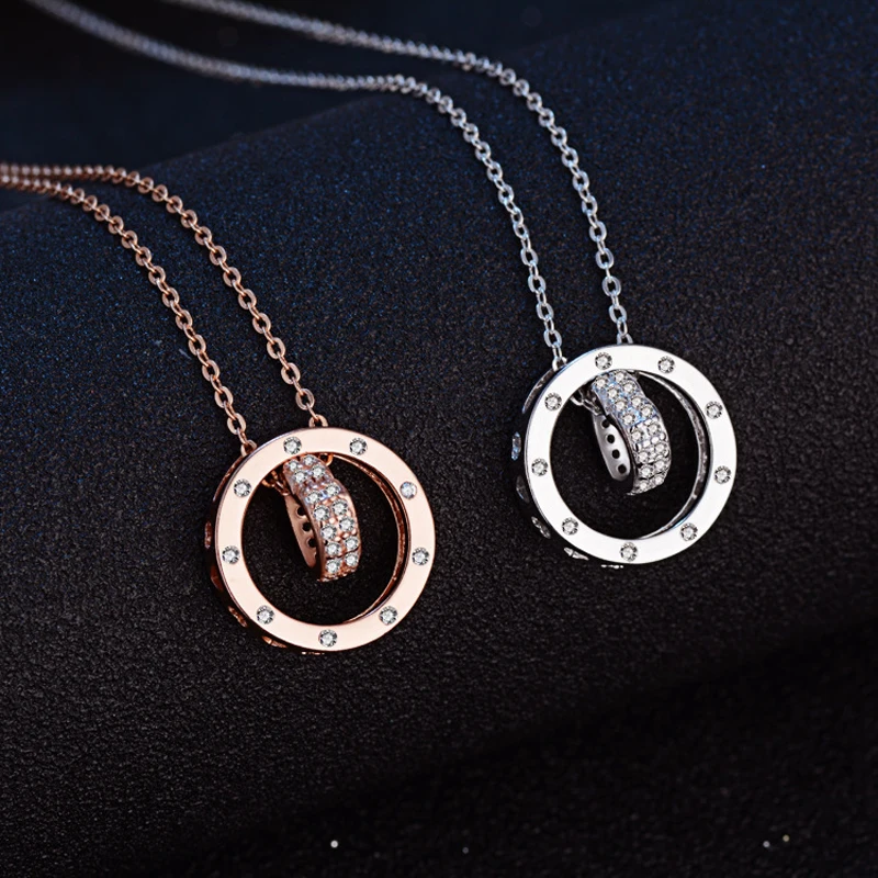 Hot Sale Fashion Round Love Heart Zircon Pendant Necklace 925 Sterling Silver Rose Gold Rhinestone Necklaces Women Jewelry Gift