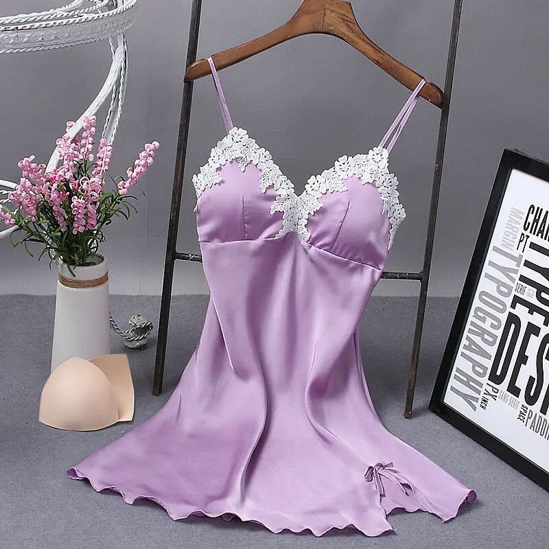 Mùa Hè Thời Trang Gợi Cảm Nữ Lụa Satin Ren Hoa Dây Cổ Đồ Ngủ Babydoll Áo Choàng Ngủ Đêm