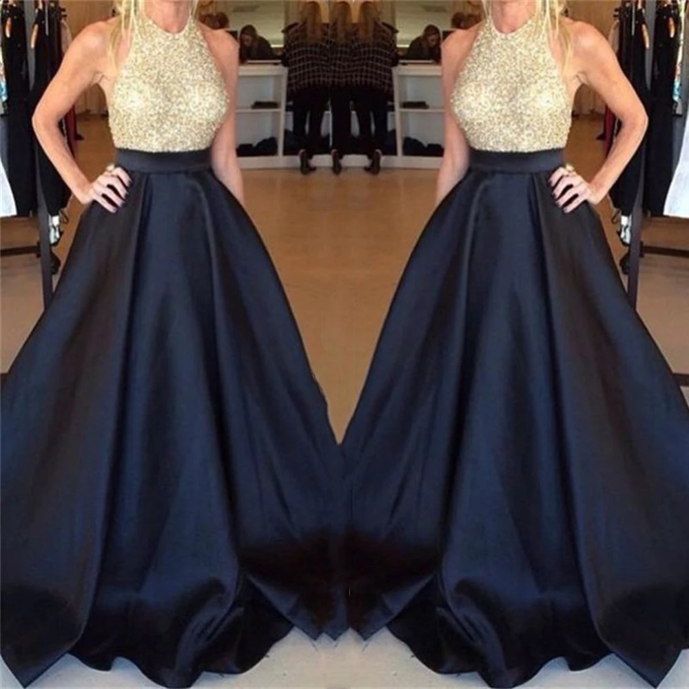 Vestido De Noche largo con lentejuelas doradas, negro, elegante, hecho a medida, Sexy, espalda abierta, para fiesta De boda, graduación, 2020