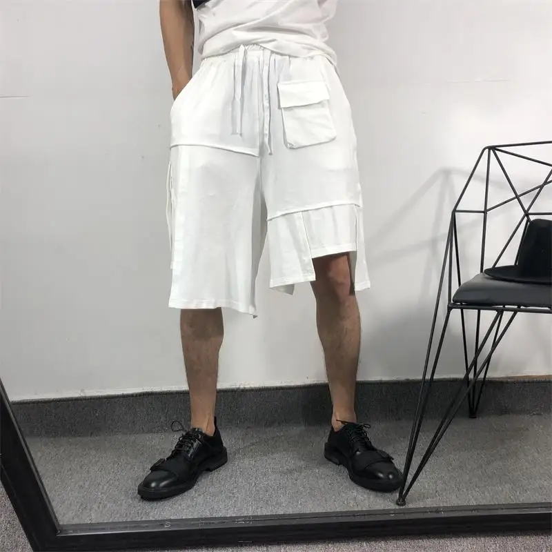 Men's Shorts Summer New Solid Color Elastic Waist Irregular Asymmetric Design Loose Shorts Fashion Trend Large Size Shorts