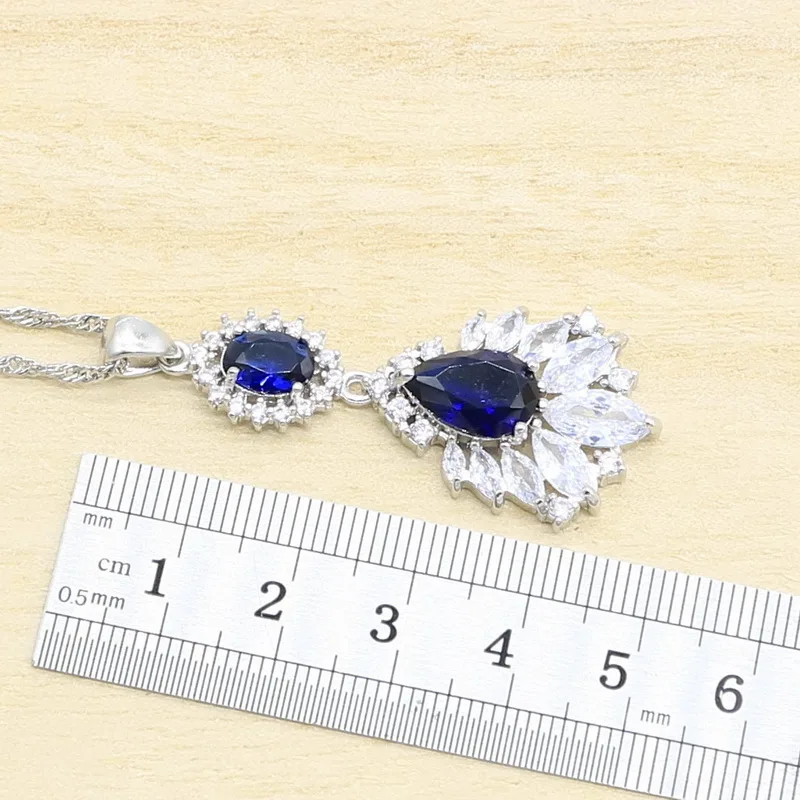 Blue Sapphire 925 Silver Bridal Jewelry Sets Earring For Women Pendant Necklace Ring Bracelet Free Gift Box