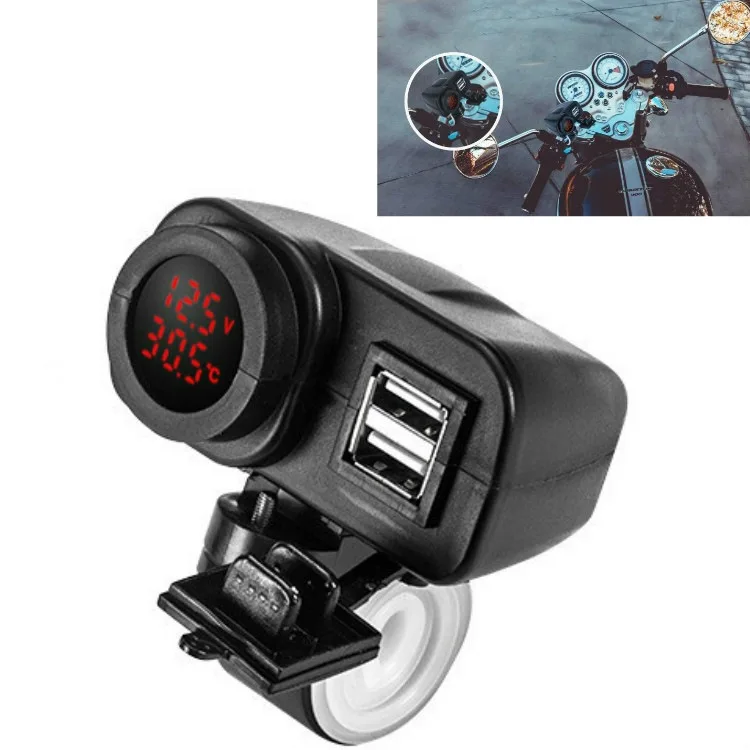 Waterproof Mounted Motorcycle 5V 4.2A Dual USB Charger Thermometer Temperature Voltmeter for 22-25mm 7/8 1