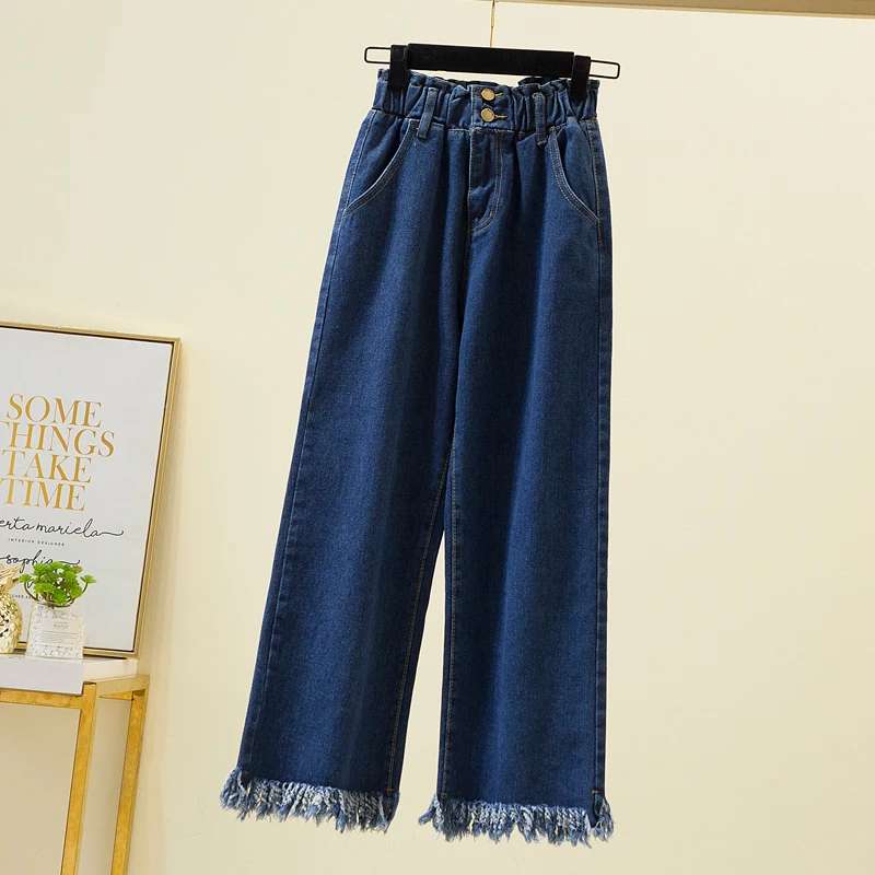 S-5XL Straight Jeans For Women 2022 Spring Autumn Tassels Blue Loose Denim Trousers Elastic Waist Wide Leg Pants