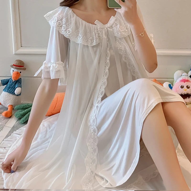 Women Romantic Nightgowns Victorian Vintage White Pink Lace Tulle Modal Night Dress Robe Retro Royal Princess Lounge Sleep Wear