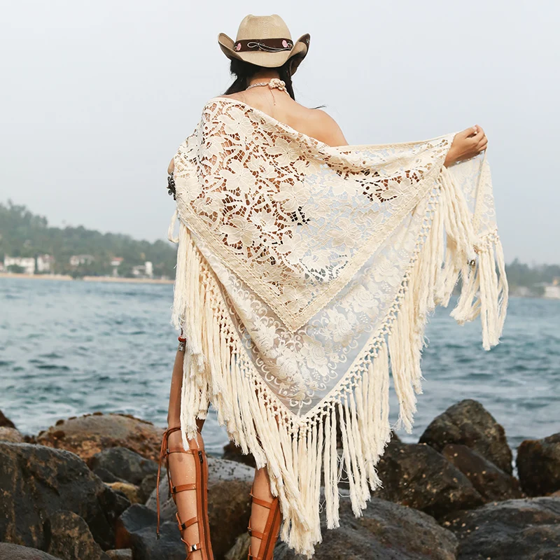 Fashion New Women Sexy Summer All-Match Seaside Beach Vacation Hollow Out Tassel Cotton Lace Big Shawl Scarf