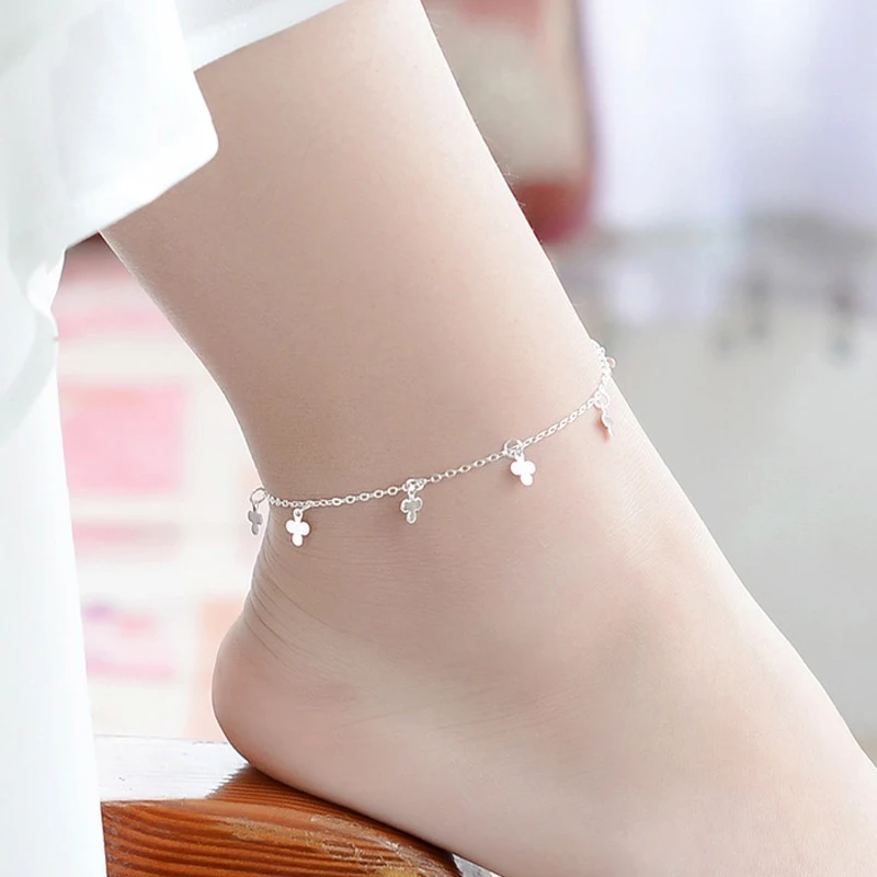 New Bohemia Lucky Three Leaf Clover Petal Pendant Anklets 925 Sterling Silver Beach Foot Chain Bracelets Women Fashion Jewelry