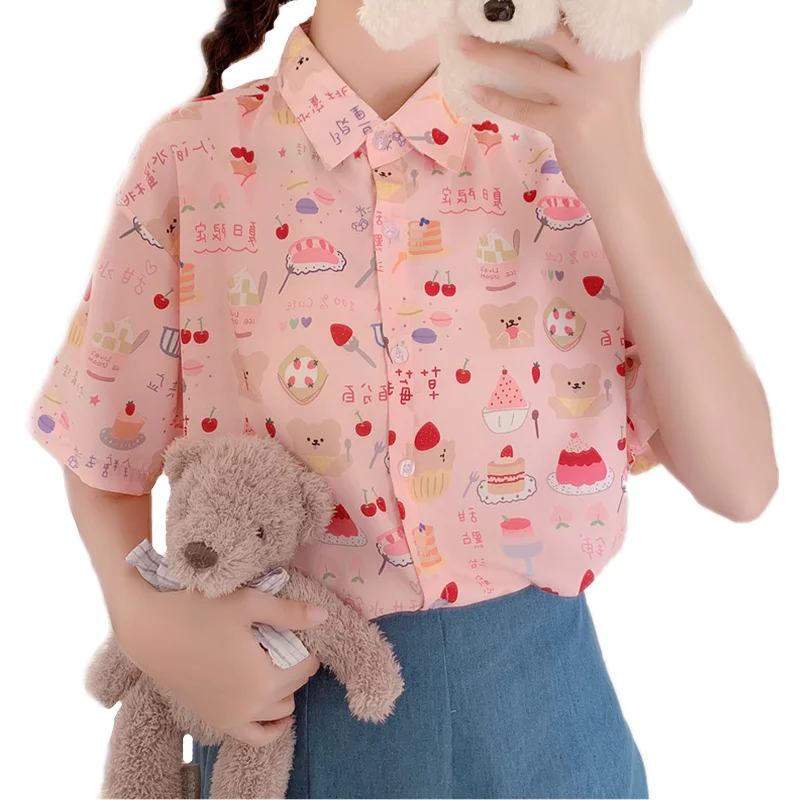 Summer Women Kawaii Strawberry Cake Print Short Sleeve Shirts Cute Tops Camisas Mujer JK Style School Girls Button Casual Blusas