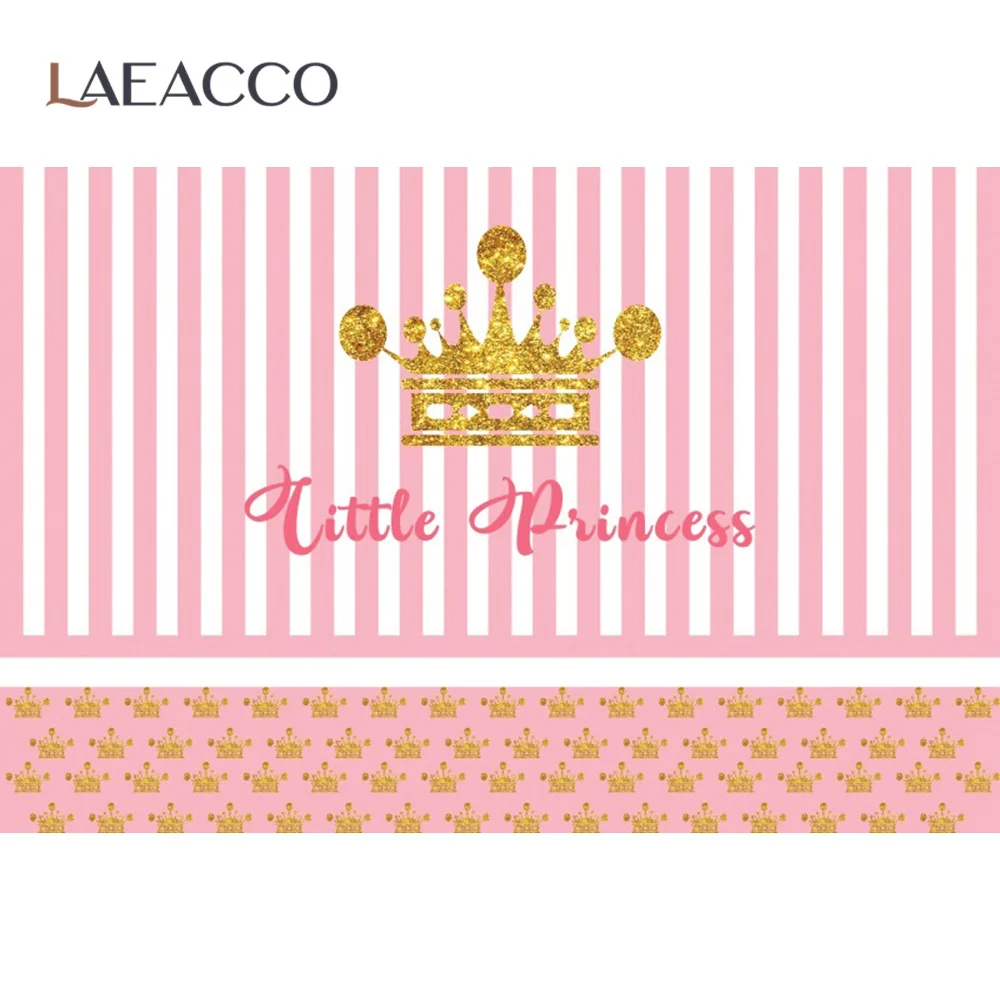 Laeacco Gold Crown Little Princess Backdrop Photography Pink White Stripes Girl Women Birthday Party Customized Photo Background