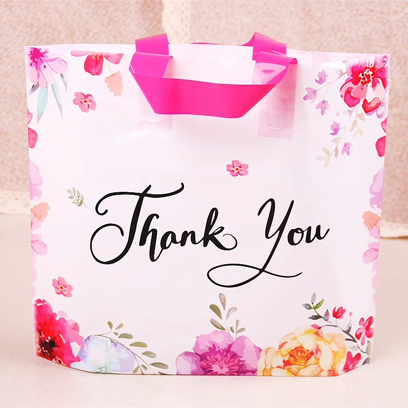 New Design Thank You Plastic Shopping Bags with Flowers Valentines Mariage Gift Packaging with Handels 10pcs 29x35cm