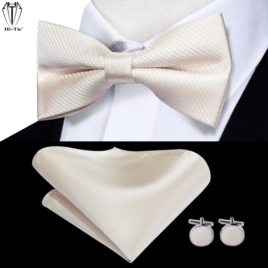 Hi-Tie 100% Silk Beige Plain Mens Bow Tie Woven Adult Bowtie Hankerchief Cufflinks Set Wedding Business Butterfly Cravat Bowknot