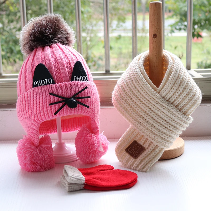 Conjunto de tres piezas para niño y niña, gorro de lana de punto, guantes, bufanda, grueso