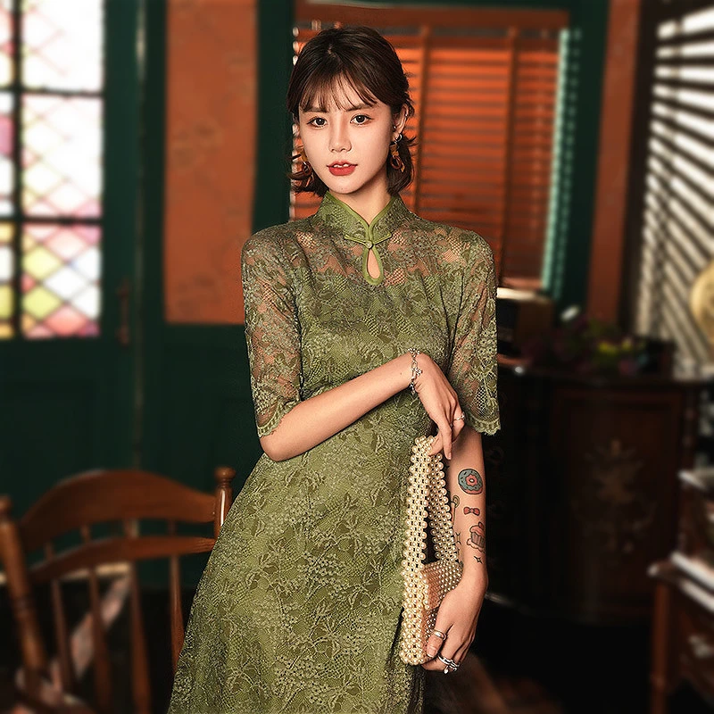 

Sheng Coco Women Sexy Hollow Lace Improved Chinese Cheongsam Dresses Water Droplets Collar Long Sleeve Qipao Moden Dress