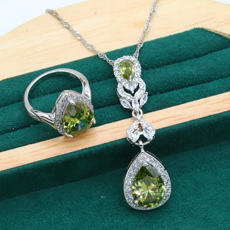 New Arrivals 925 Silver Jewelry Sets for Women Bride Olive Green Zircon Bracelet Earrings Necklace Pendant Ring Holiday Gift