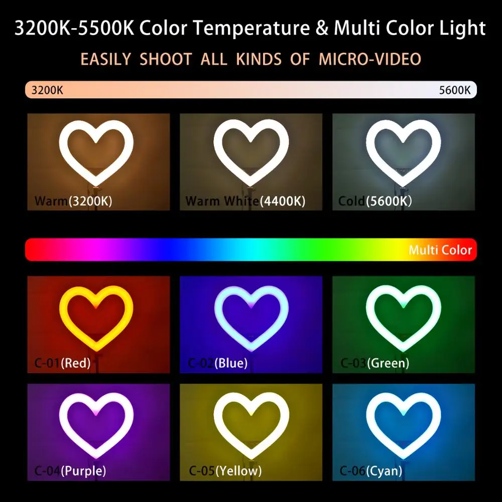 fosoto LED RGB Hearted shape Ring Light Photography lamp Heart lighting With Tripod Stand For Phone Camera Makeup Studio Youtube