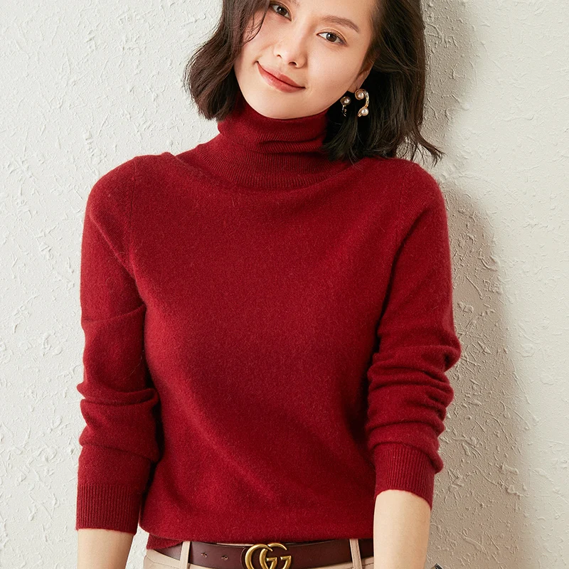 Autumn Winter 100% Cashmere Pullover Turtleneck Solid Sweater Casual Women Shirt Long Sleeve Loose Knitted Jumper 17Colors