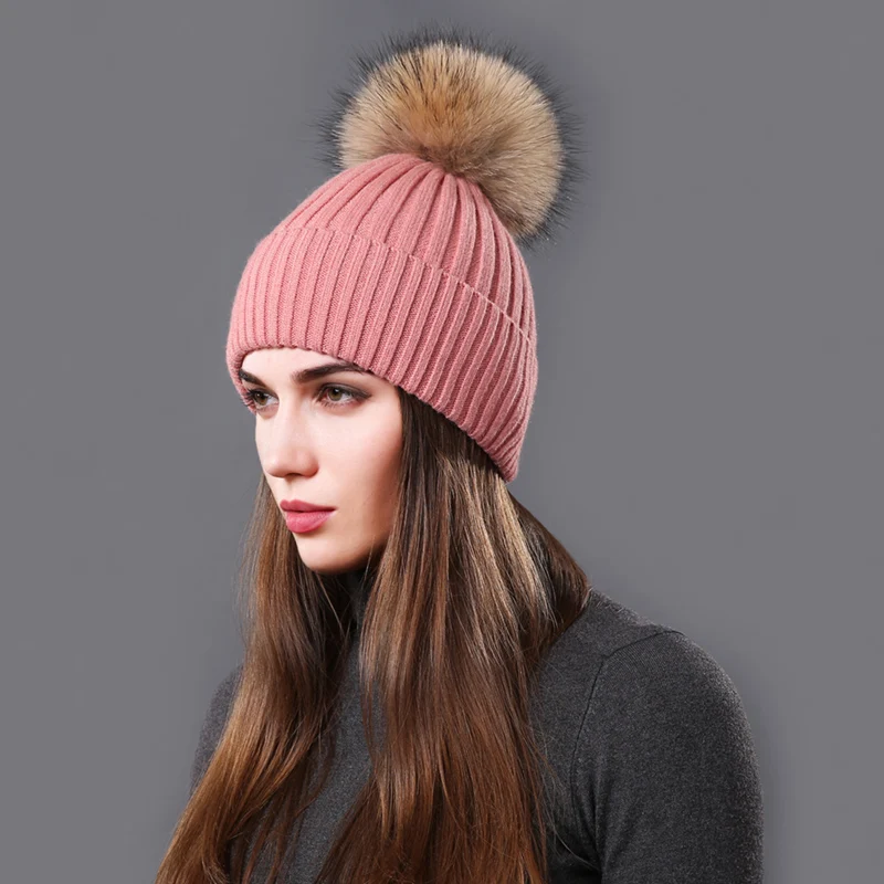 CNTANG Autumn Winter Hat Fashion Women Beanies Raccoon Fur Pompom Hats Casual Warm Knitted Wool Cap For Female Girls