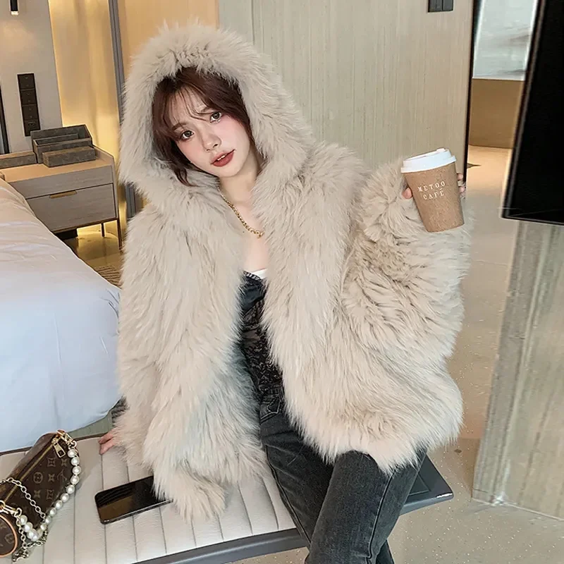 Celebrities Female Bat Sleeve Loose Hooded Korean Lmitate Fur Coat Young Women Mid-length Casual Lazy Style Fox Fur Jacket A936