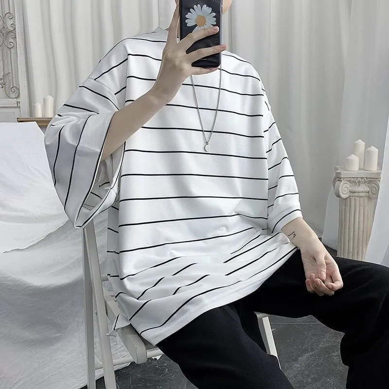 Cool Summer Oversized T-Shirt Men Funny Harajuku Tshirt Streetwear Femme Striped Japan Hip Hop Loose Half Sleeve T Shirts Male