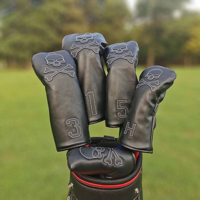 Juego de fundas de cuero para cabeza de club de golf, cubierta de conductor de Calavera, cubierta de madera de fairway, cubierta de taco mixto