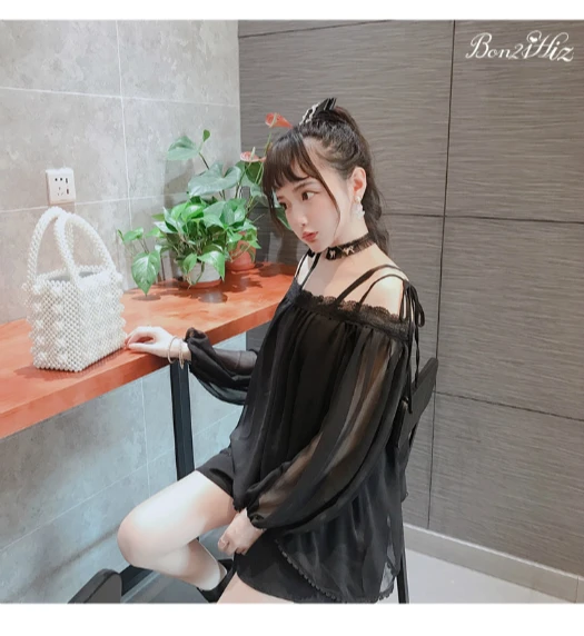 Princess sweet lolita blouse Summer fashion fairy holiday wind misty silk sunscreen long lantern sleeve lace blouse women T1642