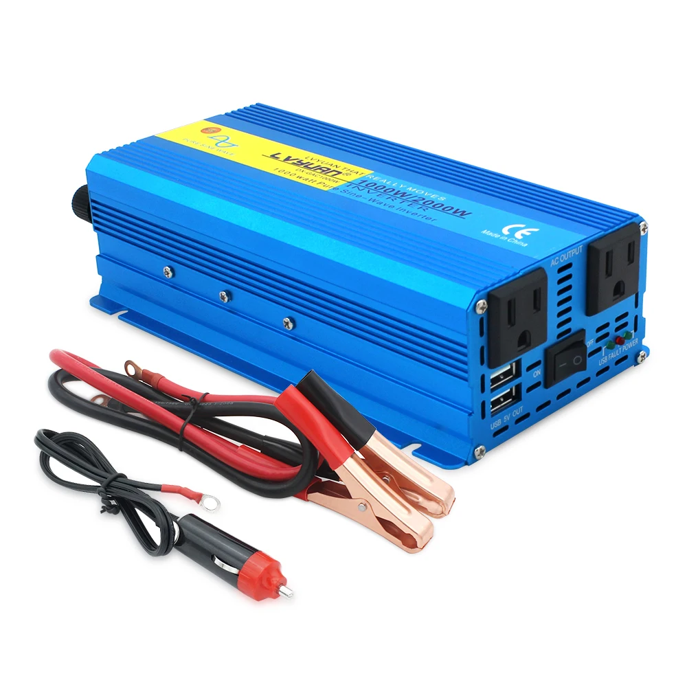 1000W/2000W Pure Sine Wave Inverter US Socket DC 12V/24V to AC 220V 110V 50Hz/60Hz Solar Power Converter Car Cigarette Lighter