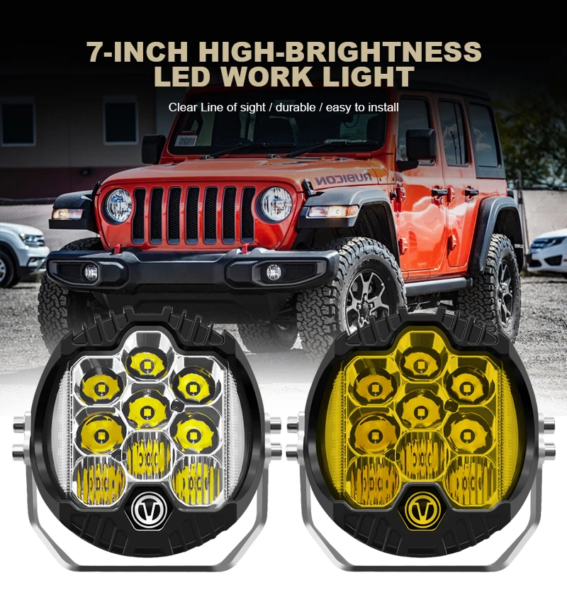 2PCS 7inch LED Light 90W Work Light FLood Spot Off Road Driving Light 8000LM Yellow White Spotlight DRL for Jeep Truck ATV SUV