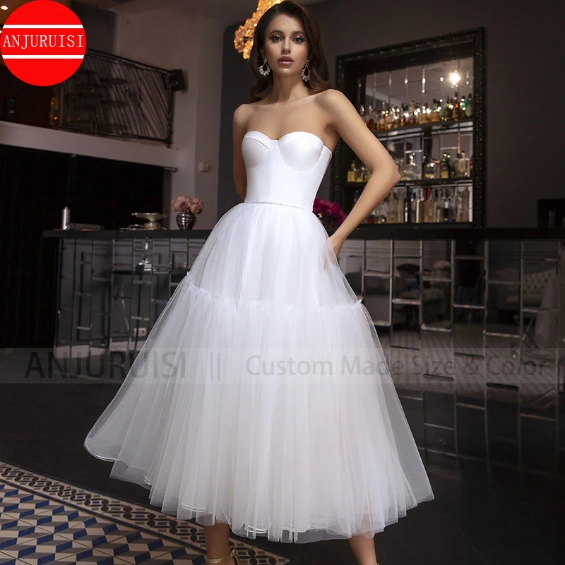 Short Wedding Dresses Tea Length Strapless Bridal Ball Gown Vestido De Fiesta De Boda Robe Mariage Simple Party Prom Trouwjurk