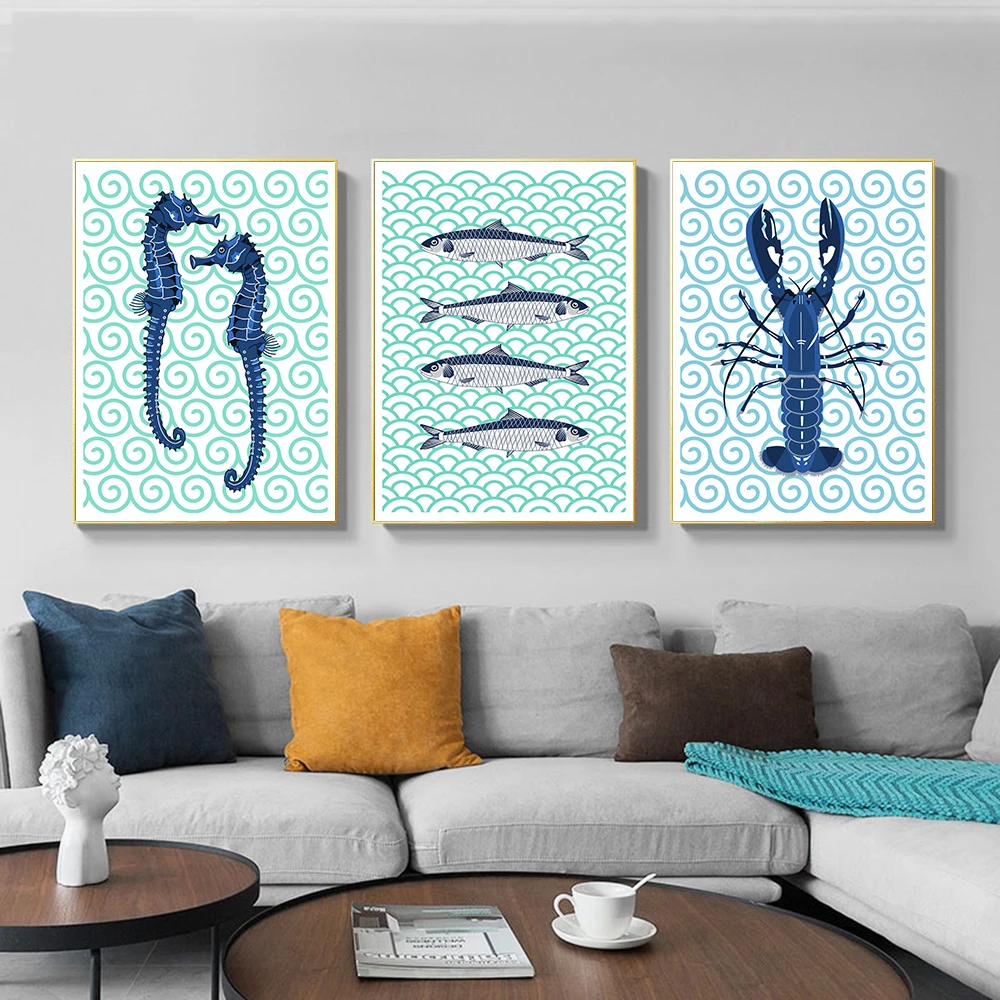 Coastal Lobster Fish Seahorse Sardines Sea Fish Wall Poster Print Animal Canvas Painting Bathroom Kitchen Home Decor Pictures