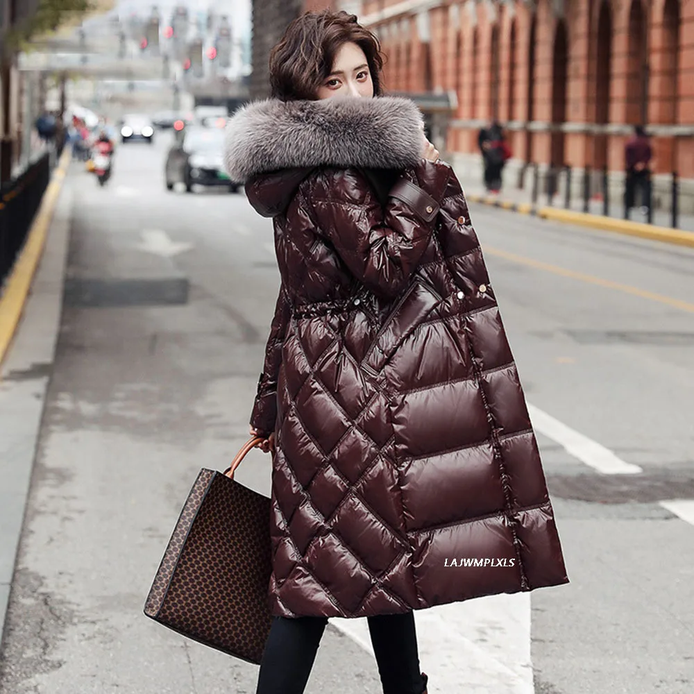 High Quality Luxury Women Down Coats Real Fox Fur Collars Adjustable Waist Winter Warm Long 90% White Down Jackets Outerwear