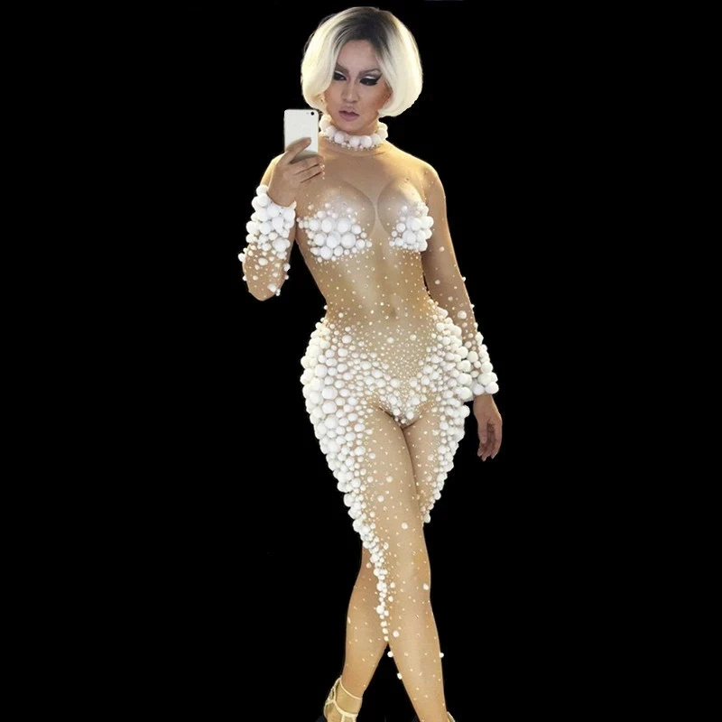 White Ball Sexy Nude Rhinestones Jumpsuit Party  Show Leotard Nightclub singer bodysuit dancer performance  Role costume