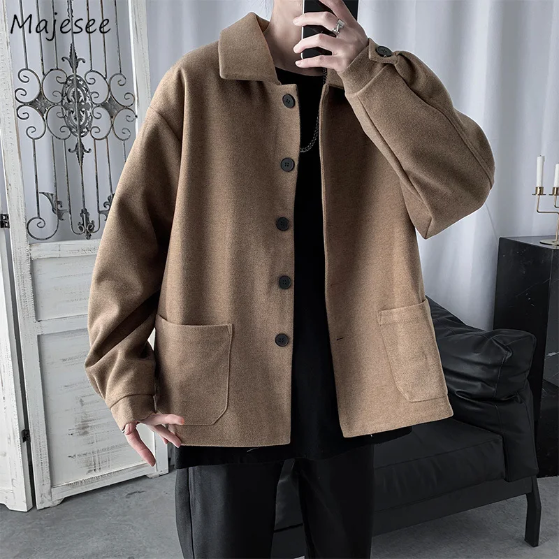 

Wool Men Solid Turn-down Collar Single Breasted Pockets Full Sleeve Male Overcoats Baggy Chic Handsome Casual Harajuku Simple