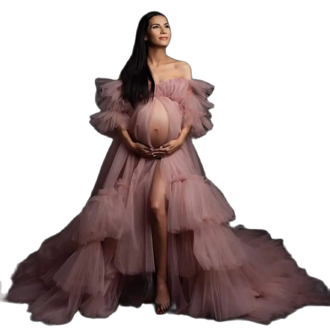 Vestidos de maternidad rosas para sesión de fotos, faldas escalonadas, maxivestido con abertura frontal para fotografía, ropa de fiesta para mujeres embarazadas