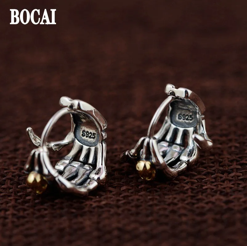 

BOCAI New 100% S925 Silver Jewelry Retro Craftsmanship Punk Rock Fashion Style Skull Hands Trendy Men's Earrings