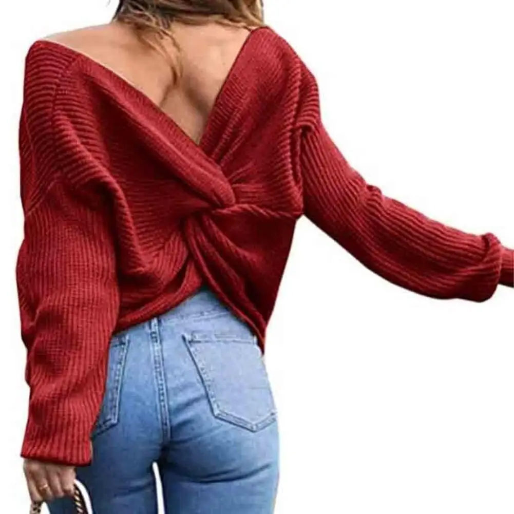 Solid Color V Neck Twisted Back Knot Sweater Women Long Sleeve Jumpers Pullover Girls knit Sweater