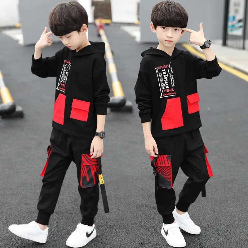 Hooded Red Spring Summer Children\'s Clothes Suit Baby Boys Sweatshirts + Pants 2pcs/Set Teenage Top Sport Costume For Kids Stree