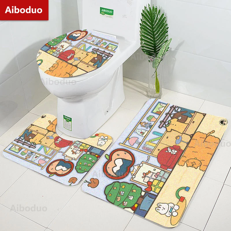 

Aiboduo Cartoon Bunny Non Slip 3pcs/set Toilet Lid Cover Set Girly Home Decoration Cute BathMat Absorbent Restroom Rug Carpet